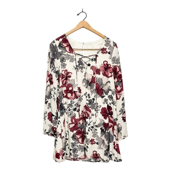 ILLA ILLA Boho Floral Print Long Sleeve Lace Up Mini Dress Small‎ S - Picture 1 of 11